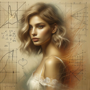 Abstract, minimalist, art cardiogram, charts complex, mathematical formulas, spontaneous lines, and paint marks, paint in hair, golden ratio