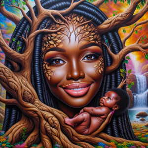 Create a close-up, hyper-realistic 3-D oil painting of a tree wi...
