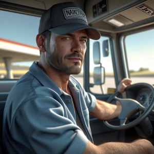 Naiketrucker man in the rest area showing off his d