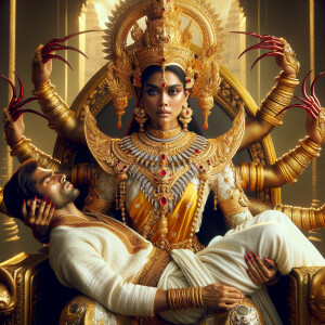 portrait of angry looking, four-armed indian goddess sitting on...