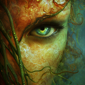 sea creature, long tentacles, sad eyes, green-blue eyes, seaweed...