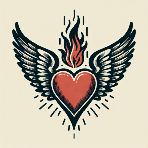 Simple heart with wings and flames flying towards ground in an o...