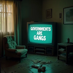 An uncomfortable vandalized room with a tube TV that says “GOVERNMENTS ARE GANGS” on the screen