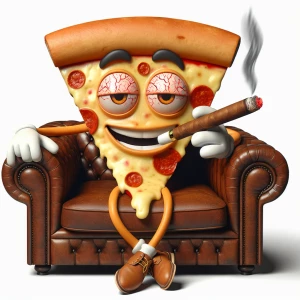 An anthropomorphic pizza slice character with red veins in half-...