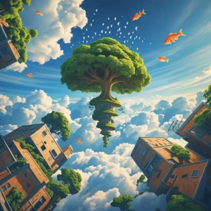 "Imagine a whimsical world where everything is upside down: tree...