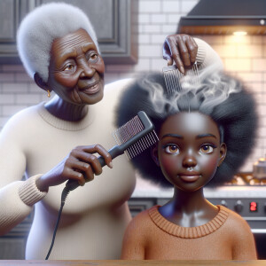 Create a realistic 3-D image of an african-American grandmother in the kitchen with her african-American granddaughter. The grandmother has a hot comb in her hair and she is straightening her granddaughters hair. One side of her granddaughters hair is in  a Afro the other is bone straight 
There is smoke coming from the hot comb