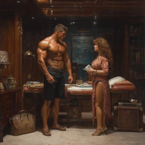 Hyperrealism painting, a muscular Russian man in his beach hotel...