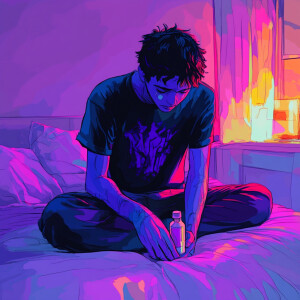 create me a sad picture of a guy sitting on the bed, holding a p...