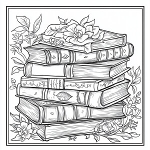 Design a coloring page featuring a small neatly arranged stack o...