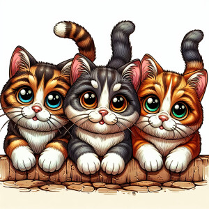 Three mischievous cats sitting on a ledge, looking at the camera...