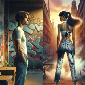 Athletic Thin skinny Attractive, Asian teenage girl, long brown hair and bangs, wearing tight skinny jeans and a halter top paint marks on her clothing, heroic pose Asian graffiti background, backside view