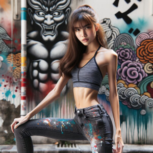 Athletic Thin skinny Attractive, Asian teenage girl, long brown hair and bangs, wearing tight skinny jeans and a halter top paint marks on her clothing, heroic pose Asian graffiti background