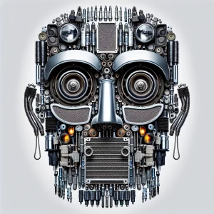 Create a realistic human-like face using automobile components,...