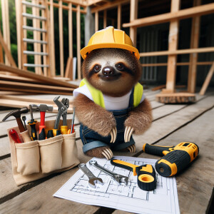 Baby sloth dressed up in construction outfit next to a tool bag