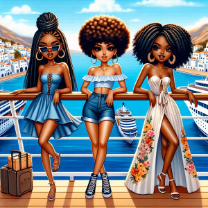 Airbrush oil painting in a realistic chibi style of three Africa...