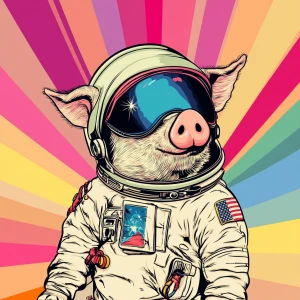 Cute cartoon pig in vintage white spacesuit and NASA style helme...