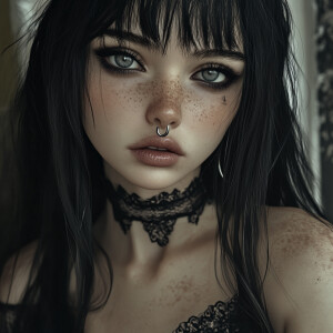 Pale goth girl, petite, grey eyes, almond shaped eyes, bulbous n...