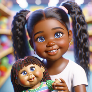 Create a 3-D realistic image of an African-American little girl above the age of five she has huge, blue eyes and thick long ponytails.
She is in a toy store and she is playing with her favorite african-American Cabbage Patch doll , the doll has deep, dimples and freckles