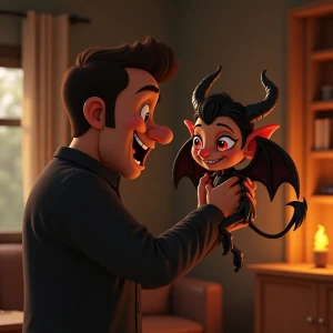 "A regular-sized man gently lifting a small female demon with el...