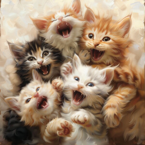 Five playful felines of varying colors are frolicking together,...