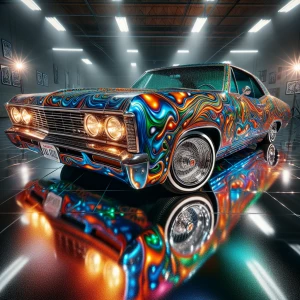 A pristine 1967 Monte Carlo lowrider, gleaming under the warm, i...