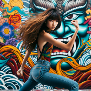 Attractive, Asian teenage girl, long brown hair and bangs, wearing tight skinny jeans and a halter top paint marks on her clothing, backside view heroic pose Asian graffiti