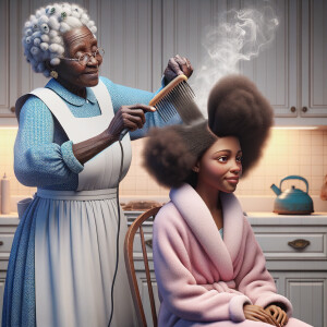 Create a realistic 3-D image of an african-American grandmother wearing a blue house dress and a white apron . She is in the kitchen with her african-American granddaughter. Her granddaughter is wearing a pink bath robe. The grandmother has a hot comb in her hand and she is straightening her granddaughters hair. One side of her granddaughters hair is in  a Afro the other straight 
There is smoke coming from the hot comb
The granddaughter is making a face