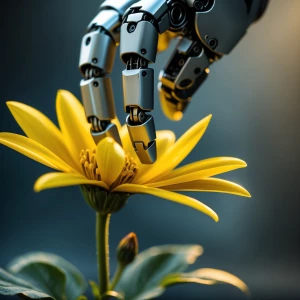 the robot's metal finger touches the yellow petals of the flower...