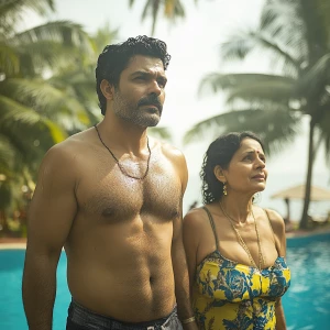A well-built, muscular Indian man with a rugged appearance, iden...