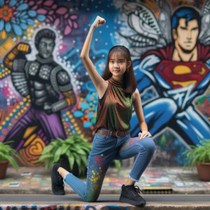 teenage girl, long brown hair and bangs, wearing tight skinny jeans and a halter top paint marks on her clothing, heroic pose Asian graffiti background, nearing on one knee