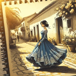 A young woman wearing a finely detailed blue dress, walking along a cobblestone path in a quiet village. Her dress flows gracefully as she moves, and the scene is illuminated by the golden hues of a setting sun, casting long shadows across the quaint, flower-filled square