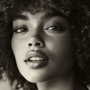 a woman, look to the camera, close up photo, Curly Afro Hairstyl...