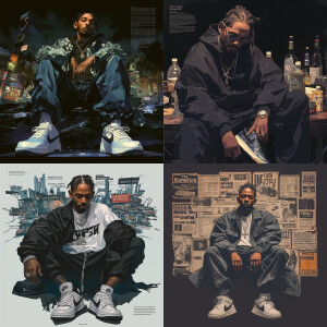 "The rapper Kendrick Lamar face and wearing classic Nike shoes...