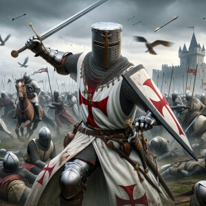 A Templar knight in a battle scene, ultra hyper photorealistic