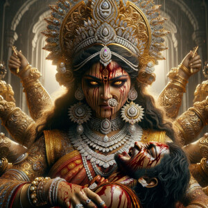 portrait of angry looking goddess durga, sitting on a gold crown and carrying a weak mahishasur on her lap. She is wearing diamond armor, a huge diamond crown, red saree, abundant diamond jewelry, covered in blood. The scene is set in ancient India. The image is 8K resolution, cinematic, ultra detailed face and epic.