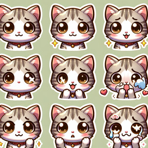 Create a sticker pack for me featuring a cute gray-and-white kit...