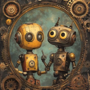 Design an illustration of two robots adorned with steampunk aest...