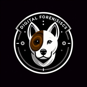 Make a grayscale logo for digital forensics with a white dog tha...