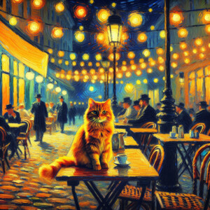 A small orange cat sitting on the table in a café Terrace by Vin...