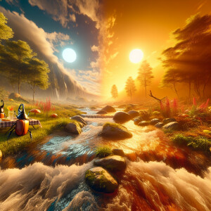 2 Beetles having a picnic by 2 creeks, 2 suns in the sky, ultra-...