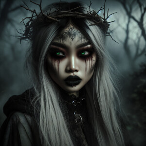 Prompt:
“A hauntingly beautiful young woman with pale, ashen ski...