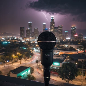 Create an image of Los Angeles at night after a rainfall, focusi...