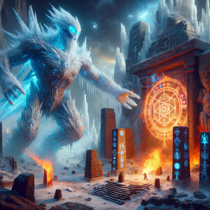 A colossal ice giant with intricate crystalline patterns, toweri...