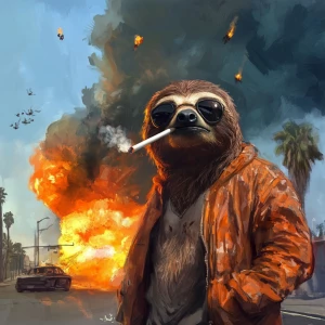 Sloths slerf meme..smoking a cigarette in street clothes while t...