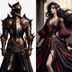 Black knight standing with a Greek elf queen with black hair and burgundy,gold and pink dress