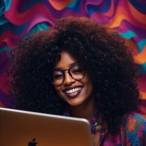 black women with lone black wavy hair wearing glasses, bright sm...