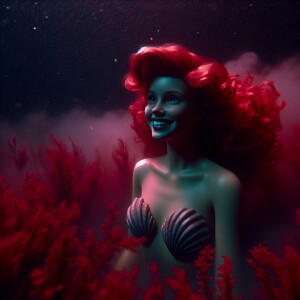 ((Kendall Jenner as the mermaid Ariel smiling on deep sea with v...