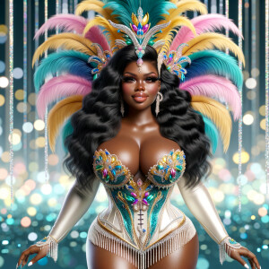 Create a 3-D  vivid full-body view of a colorful glossy hyper-realistic oil painting of a detailed illustration full length photo single image of a beautiful African-American caramel skinned woman plus sized, with long, black, wavy hair, her make up is airbrushed and flawless, she is dressed in a white, teal and yellow large, elaborate, elegant, very detailed carnival costume with colorful African-American pink, blue, gold yellow green feathers, flawless makeup, prominent lashes, black peep toe heels, white pixie hair, background bokeh, she is stunning and smiling, digital art.