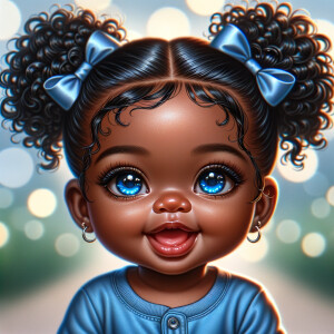 ultra realistic Chibi Style oil painting of Med olive skin  cute African-American American baby girl with deep deep dimples on both checks smiling huge, blue eyes, wearing a blue onesie two curly black pigtails with blue
 ribbons. crystal blue eyes. up-close view bokeh background

S/O Genae Kulah