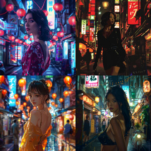 An elegant woman in Tokyo, 80s, nighttime setting, anime style,...